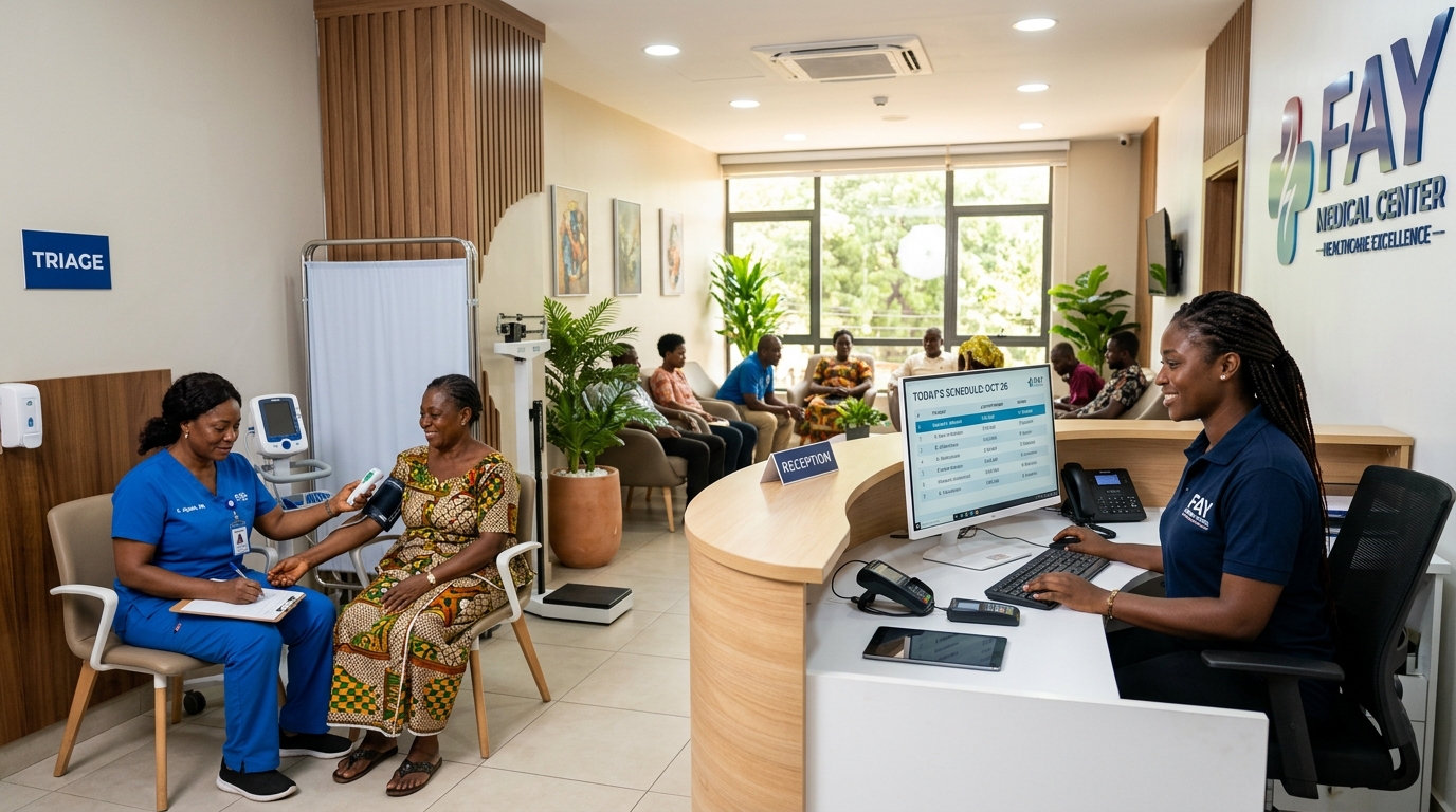 Busy clinic reception with nurse and patient